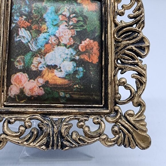 Vintage Ornate Plastic Gold Mini Picture Frame With Floral Satin Fabric 2x2.5 - Picture 4 of 11